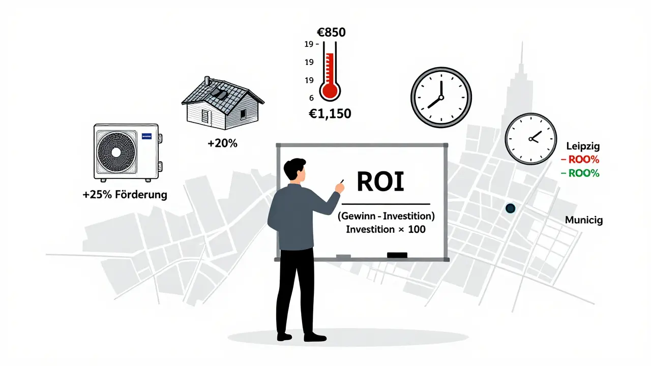 Investor berechnet ROI an einer Tafel mit Förderungen, Mietsteigerung und Amortisationszeit.