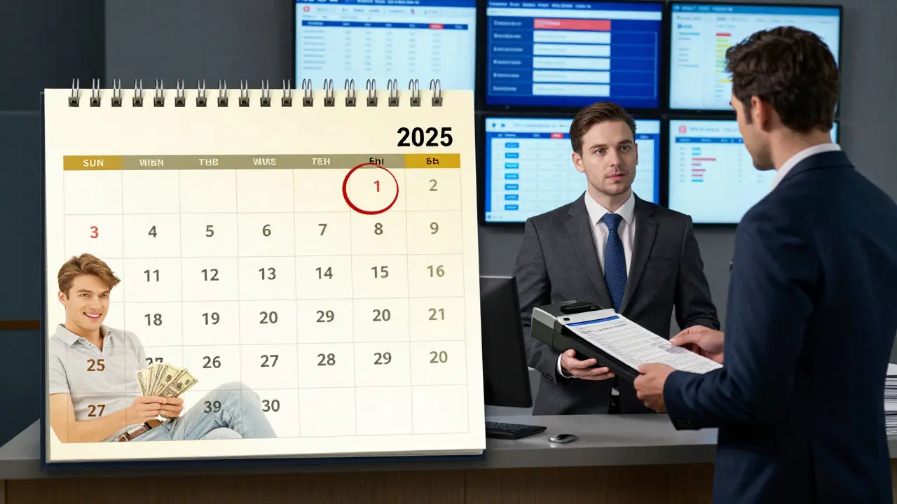 Kalender von 2024 zu 2025: ein Vermieter wechselt von entspannter Einkommenssituation zur Steuerprüfung mit digitalen Buchungsdaten.