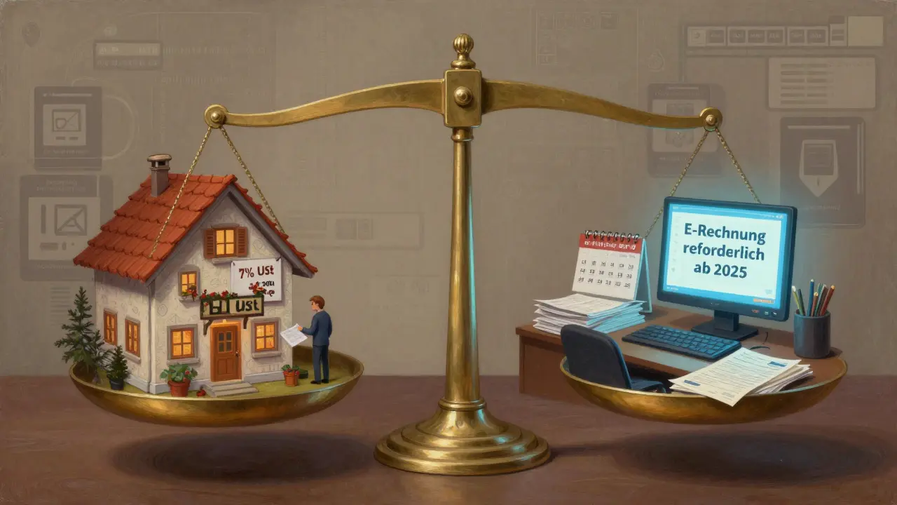 Künstlerische Darstellung einer Waage: eine Ferienimmobilie mit 7% Umsatzsteuer gegenüber einem Büro mit Steuerpflicht und E-Rechnungen.