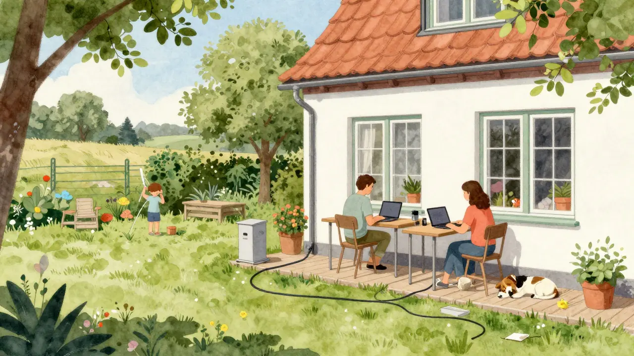 Ländliches Haus in Brandenburg mit Familie, die remote arbeitet, Garten und Internetkabel sichtbar.
