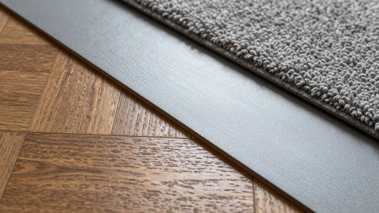 Makroaufnahme der Oberflächentexturen von Holz, Vinyl und Teppichboden.