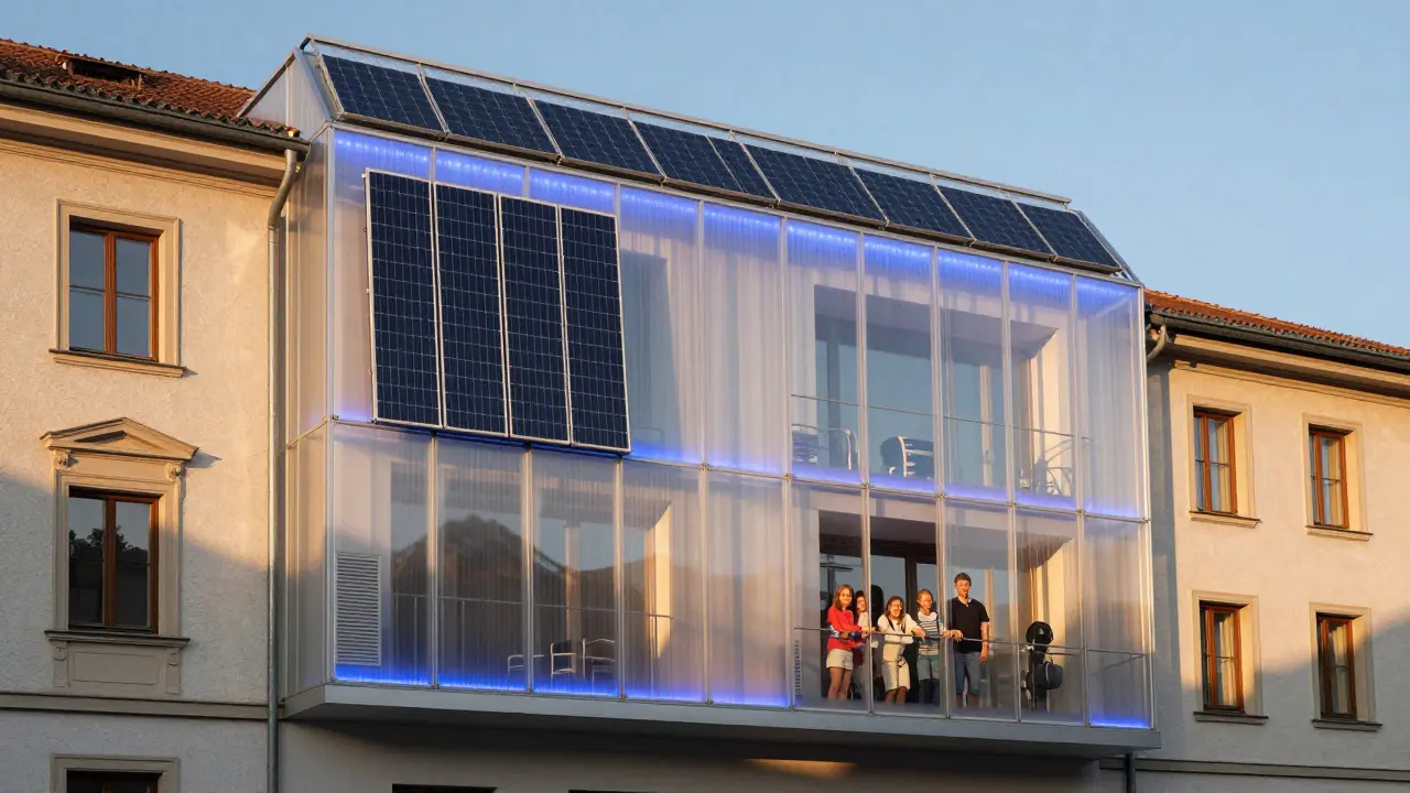 Moderne Fassade mit integrierter transparenter Photovoltaik-Dämmung, die bei Sonnenuntergang leicht blau leuchtet, während eine Familie auf dem Balkon steht.