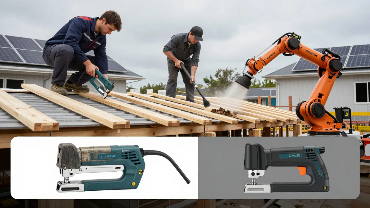 Modernere Baustelle mit Druckluftwerkzeugen und Roboter, kombiniert mit Solarenergie.