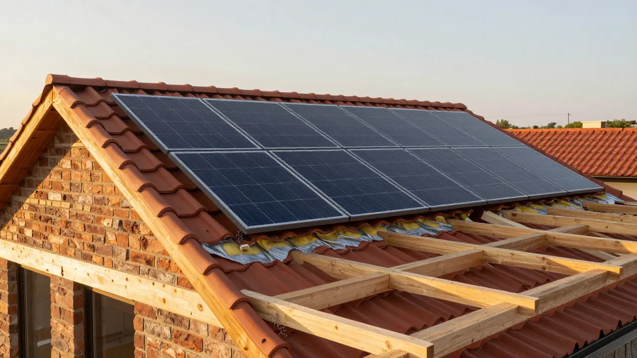 Modernisierte Dachsanierung mit neuen Ziegeln, Dämmung und Solaranlage.