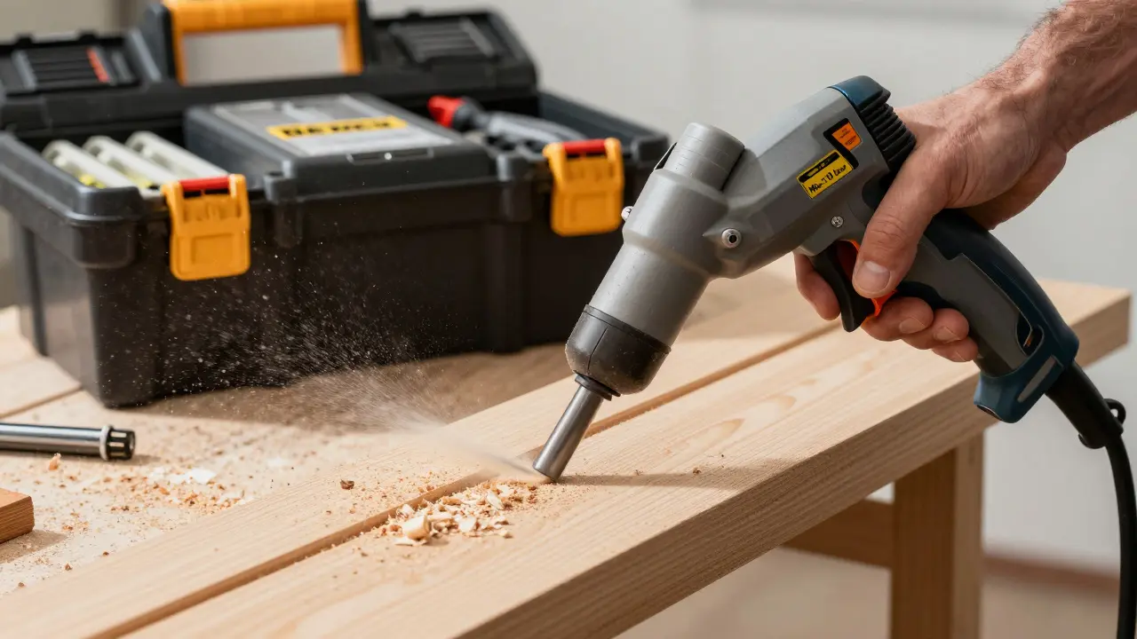 Professioneller Handwerker reinigt Holzstaub mit einer Ausblaspistole, Sicherheitsventil aktiviert.