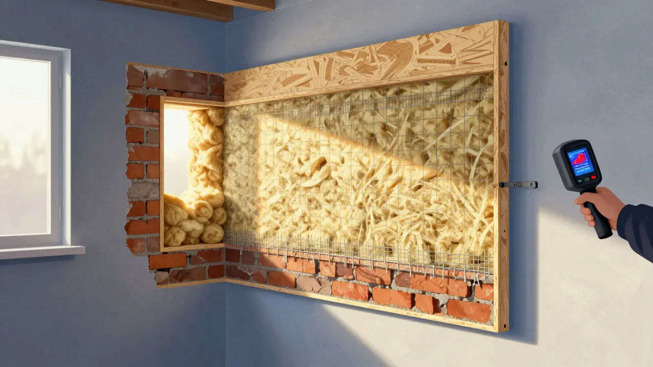 Querschnitt einer sanierten Hauswand mit altem Mauerwerk, Kerndämmung und Holzfaserdämmplatte mit Armierung und Putz, beleuchtet von warmem Sonnenlicht.