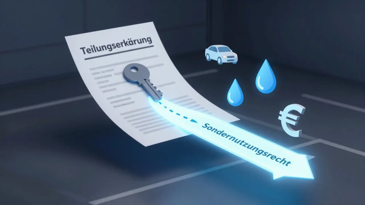 Rechtlicher Unterschied zwischen Teileigentum und Sondernutzungsrecht in Tiefgarage visualisiert.