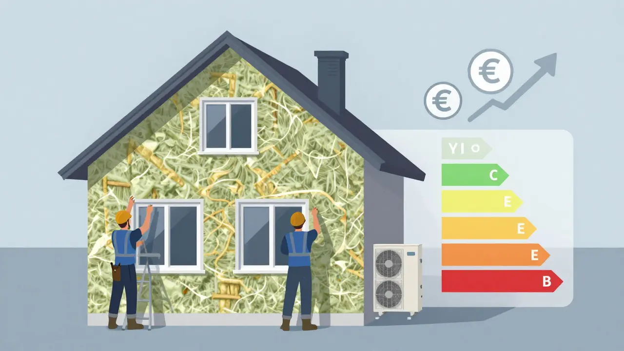 Sanierung eines Altbaus mit Dämmung, neuen Fenstern und Wärmepumpe, Energieklasse steigt von E zu B.