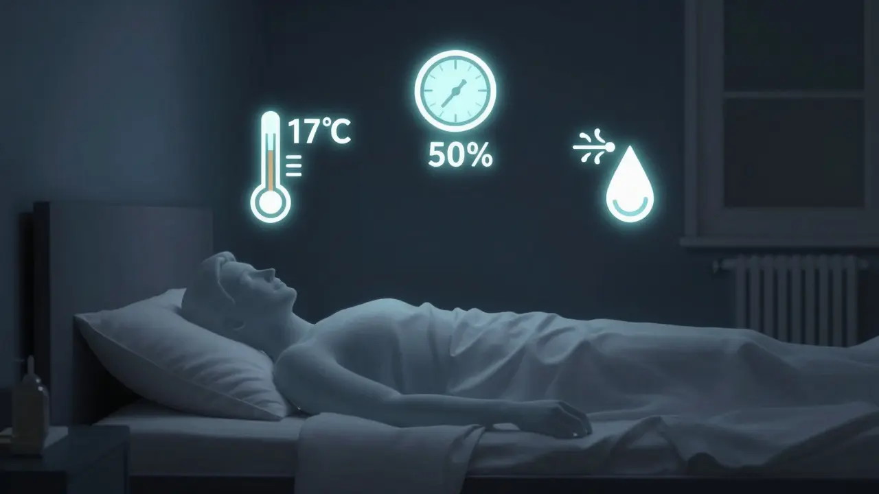 Schlafende Person mit schwebenden Symbolen für ideale Raumtemperatur, Luftfeuchtigkeit und Lüftung — Schimmelgefahr vermieden.