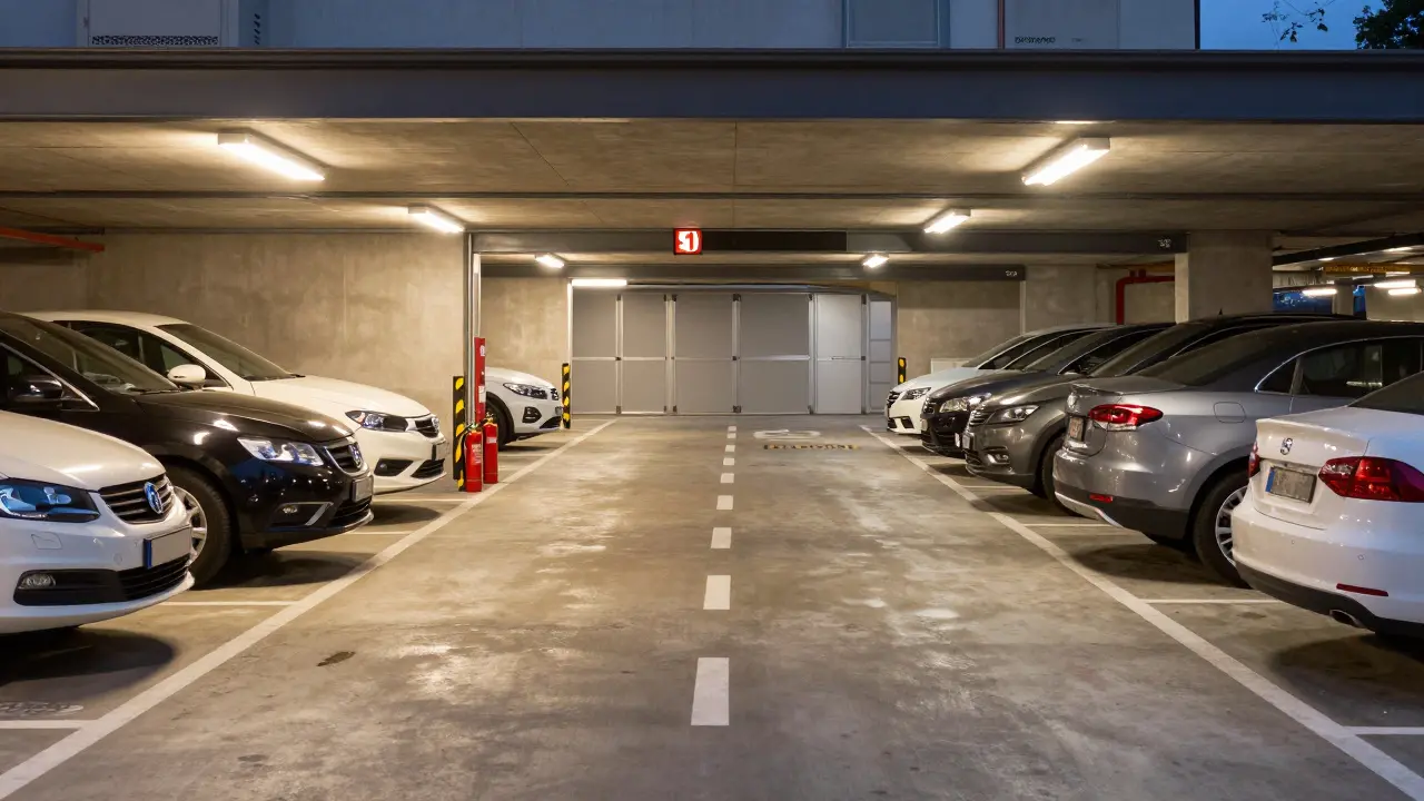 Sichere, gut beleuchtete Tiefgarage mit klaren Fluchtwegen und Feuerlöschern in Österreich.