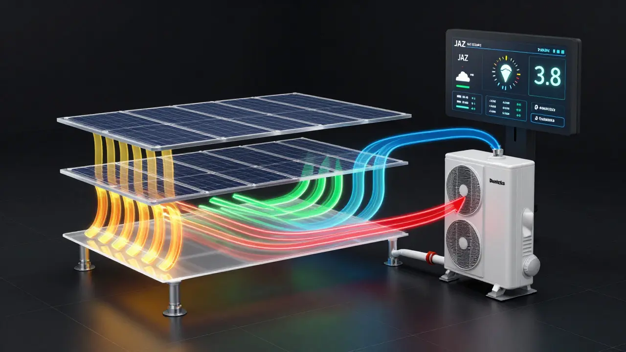 Technische Darstellung eines Hybridheizungssystems mit Energieflüssen aus Solarthermie, Wärmepumpe und Gas.
