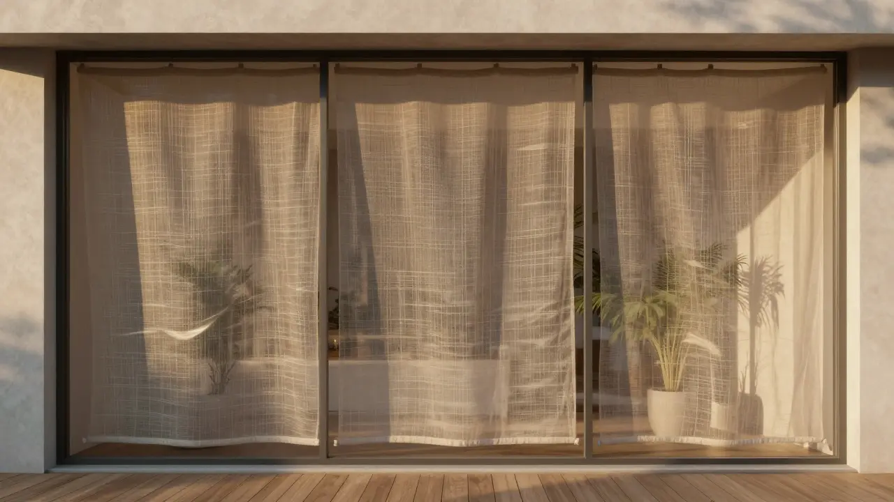 Textilscreen an der Fassade, durch das sanftes Licht ins Innere fällt und Muster auf den Boden wirft.