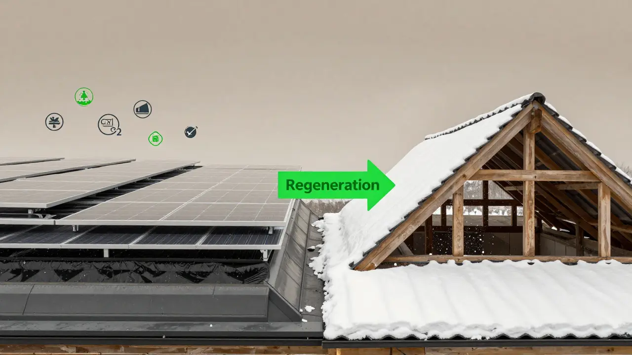 Vergleich: Flachdach mit Regeneration und Solaranlage links, Schrägdach mit Schnee rechts, grüne CO2-Spar-Icons.
