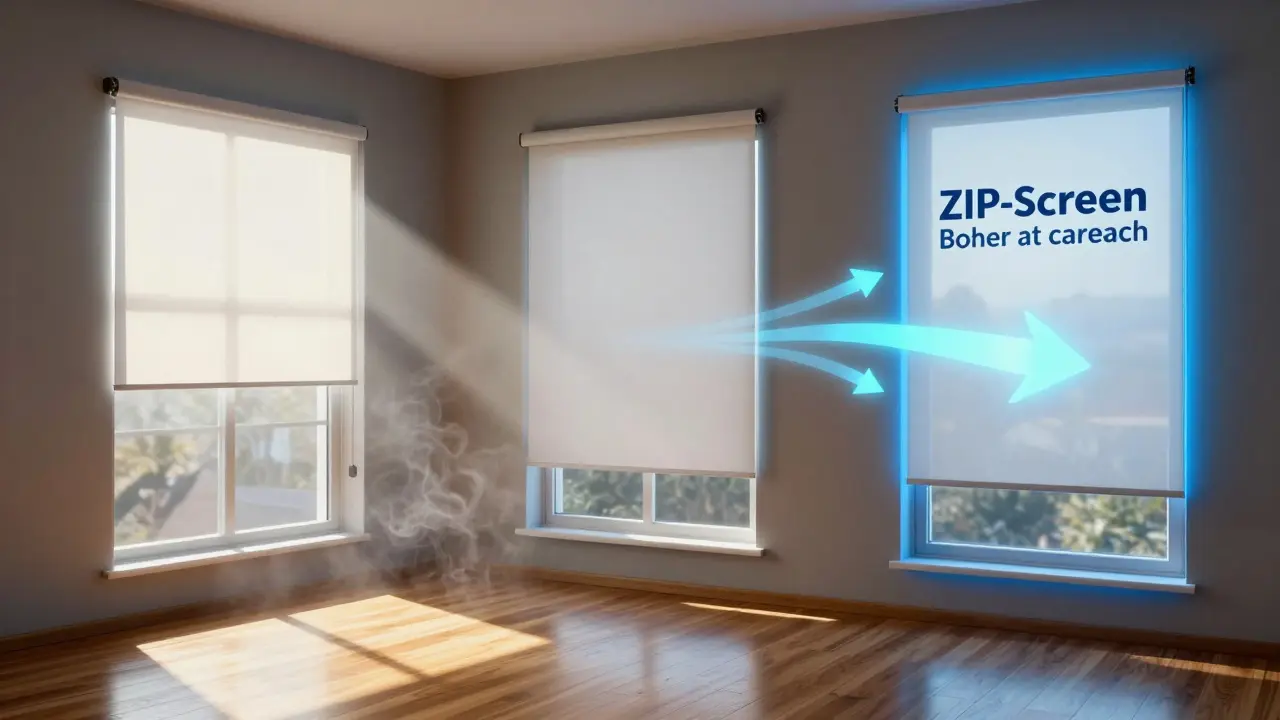 Vergleich von Sonnenschutzsystemen: Innenrollo ineffektiv, Außenbeschattung wirksam gegen Hitze.