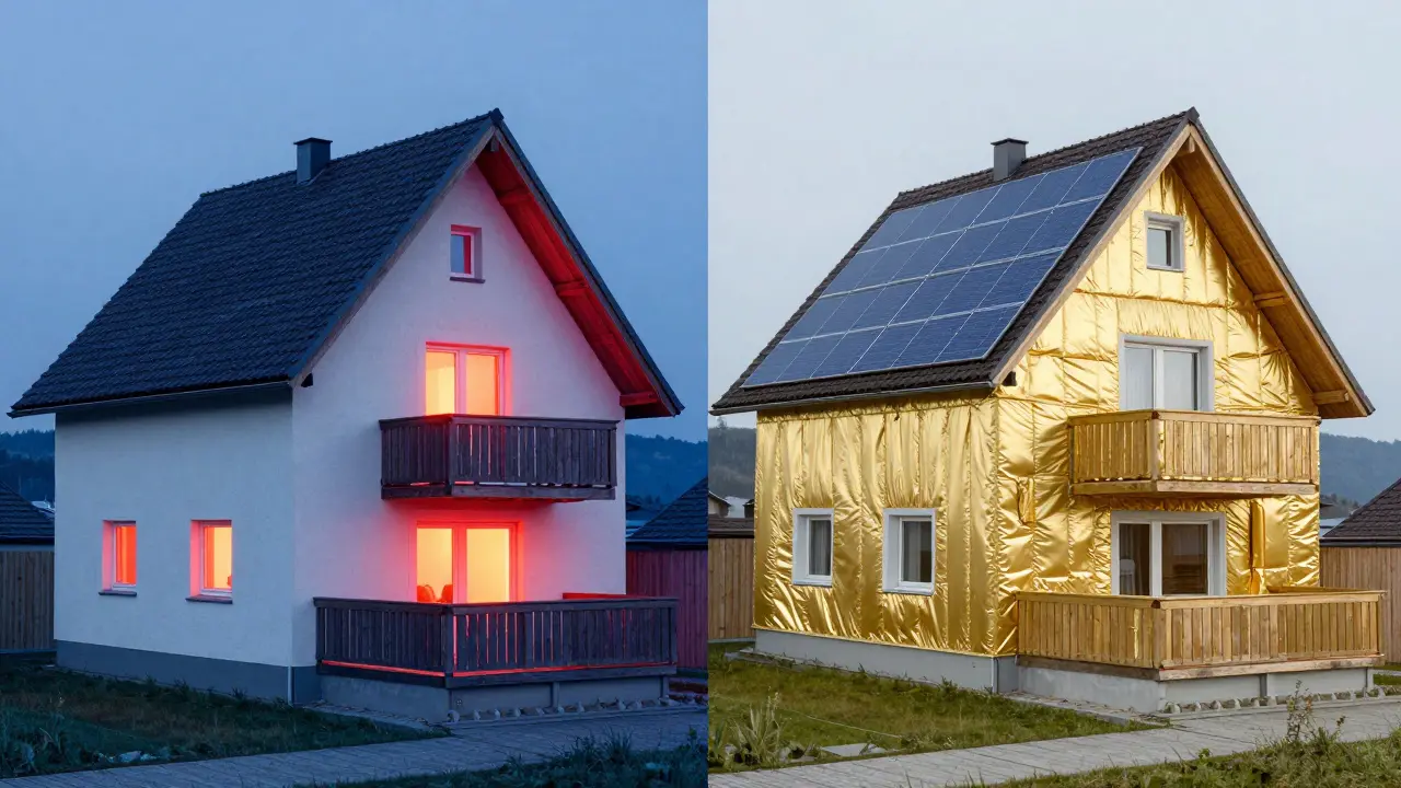 Vergleich zweier Häuser: eines mit Wärmeverlust (rot) und eines mit optimierter Dämmung (gold), konzeptionell dargestellt.