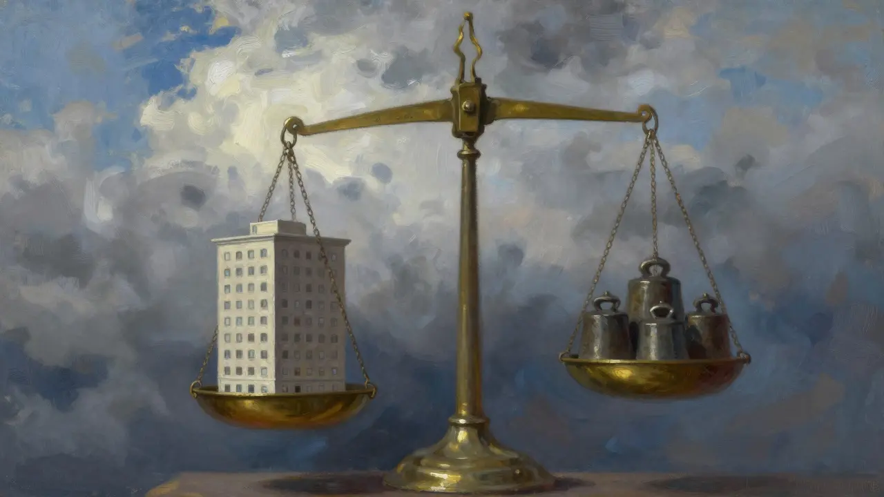 Waage mit Hausmodell schaukelt im windigen Himmel als Inflationsmetapher.