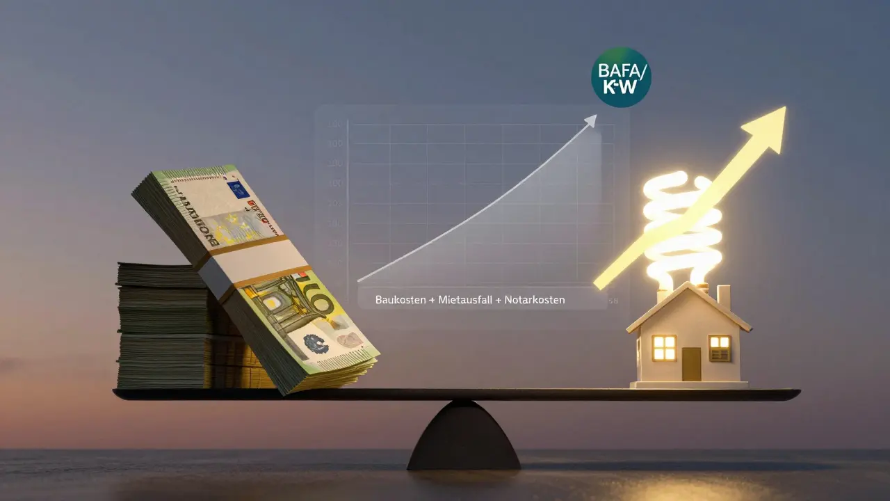 Waage mit hohen Baukosten auf einer Seite und energieeffizientem Zuhause mit Zuschüssen auf der anderen.