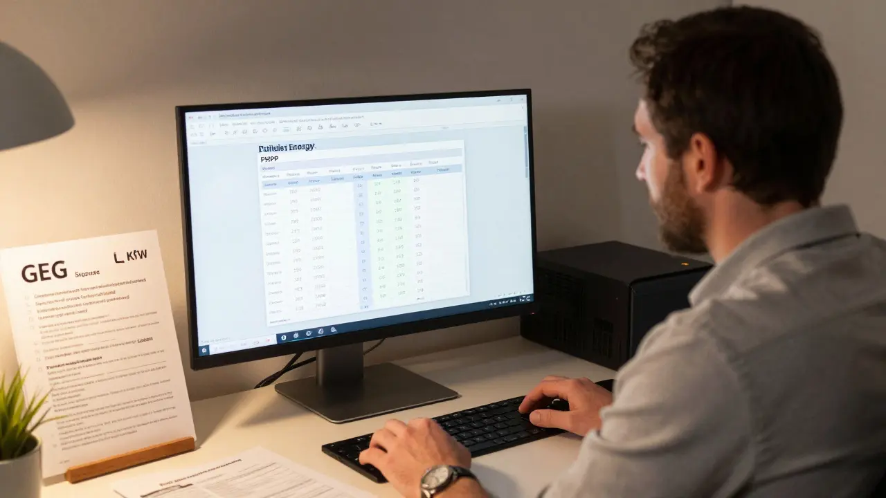 Zertifizierter Energieberater zeigt auf einem Monitor PHPP-Berechnungen für ein Gebäude mit Förderunterlagen auf dem Tisch.