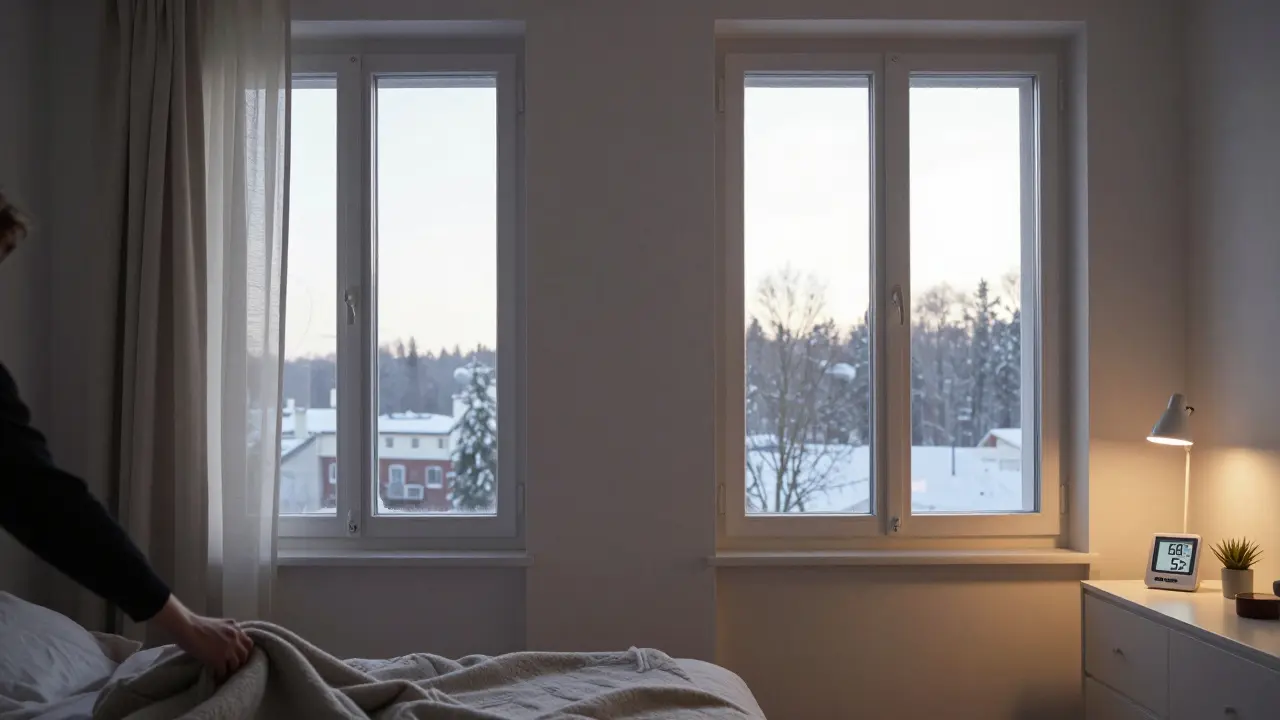 Zwei offene Fenster im Schlafzimmer lassen kühle Morgenluft einströmen, Hygrometer zeigt sinkende Luftfeuchtigkeit von 68% auf 52%.