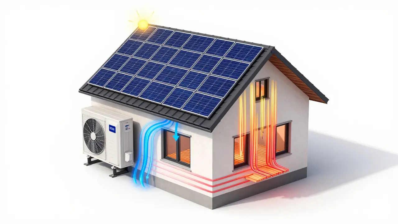 3D-Illustration einer Wärmepumpe in Kombination mit Photovoltaik-Anlage.