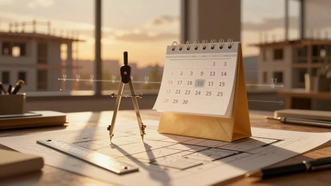 Abstrakte Darstellung von Gewährleistungsfristen über Bauplan im Bürogang