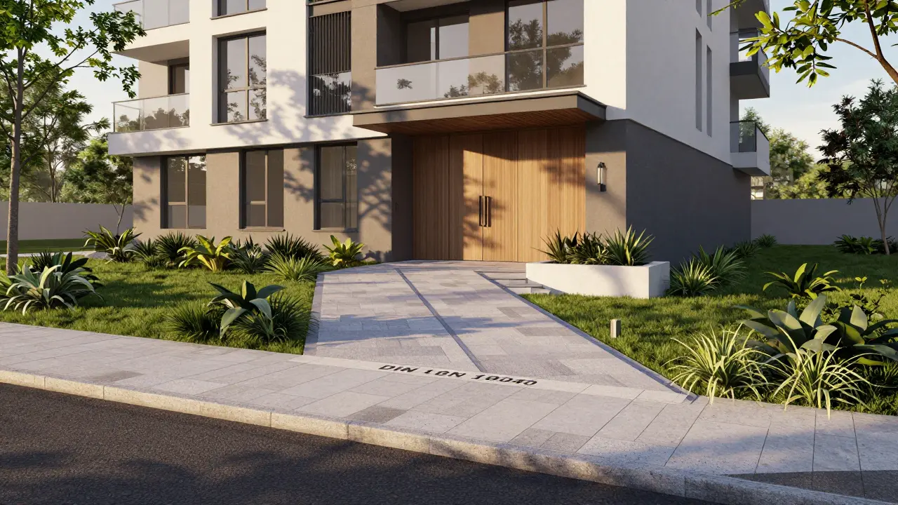 Barrierefreie Außengestaltung eines Neubaus mit einer flach geneigten Zugangrampe.