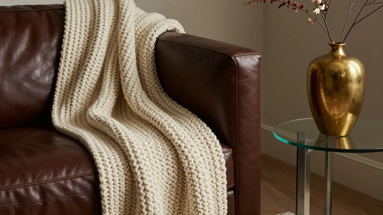 Braunes Ledersofa mit grobem Wollplaid und einer eleganten Messingvase auf einem Glastisch.