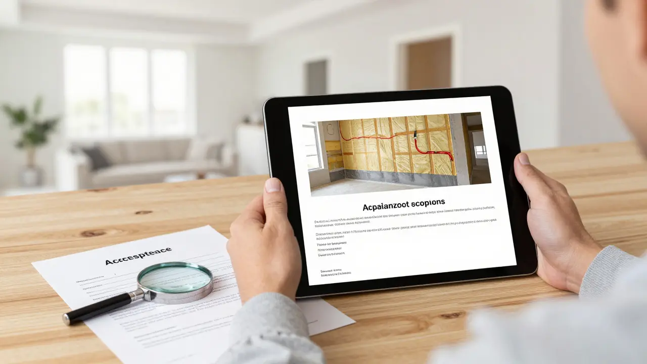 Dokumentation von Baufortschritten auf einem Tablet neben einem unterschriebenen Vertrag.