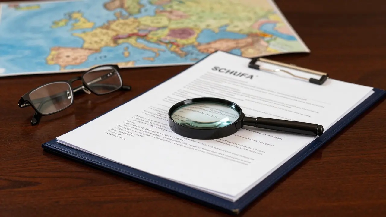 Dokumente und eine Lupe auf einem Holztisch vor einer Europakarte.