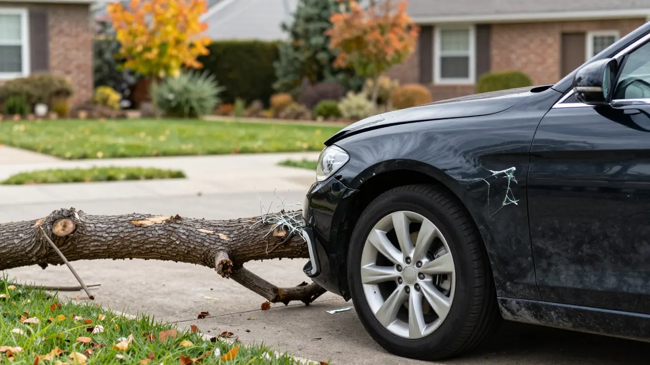 Ein abgebrochener Baumast, der ein geparktes Auto auf einer privaten Einfahrt beschädigt hat.