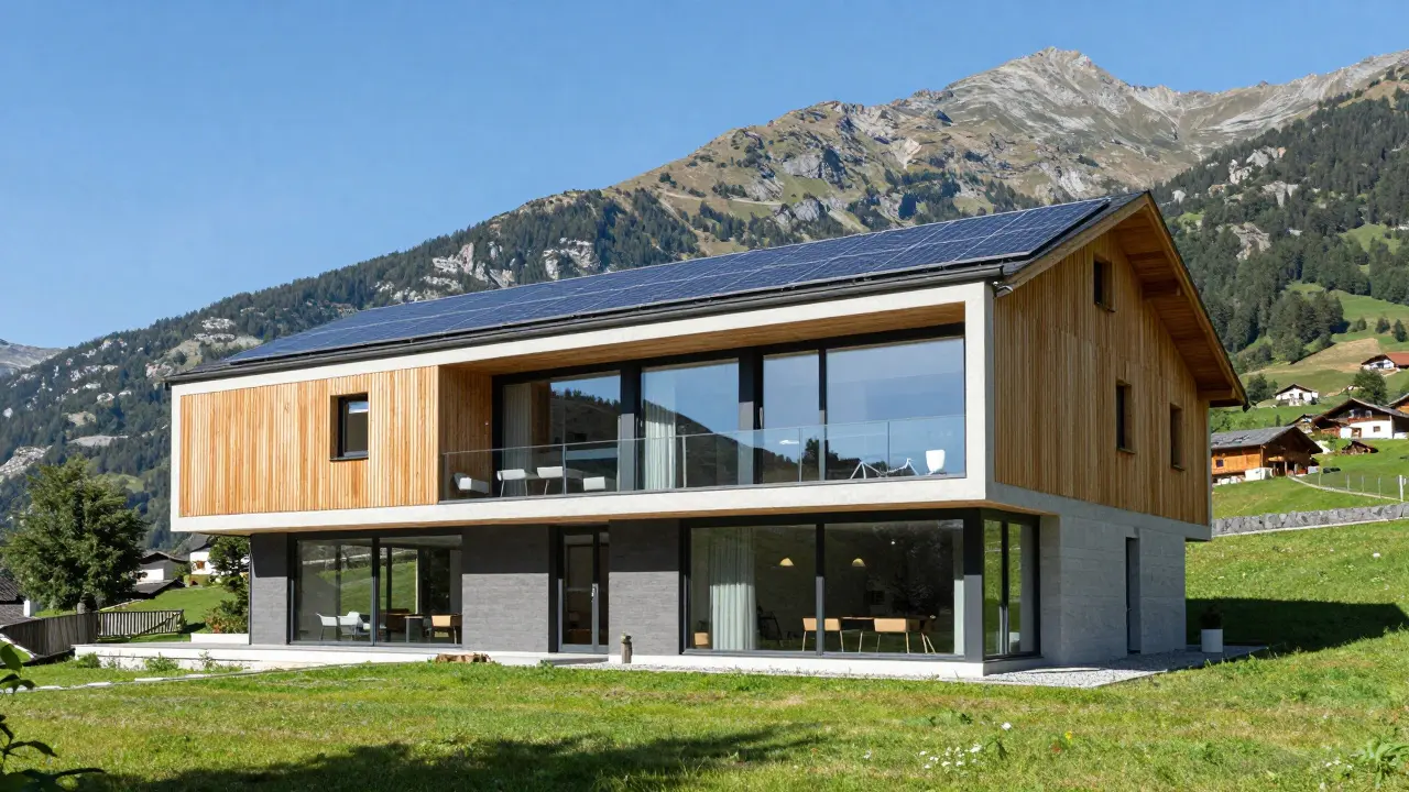 Ein energieeffizientes, modernes Haus in den französischen Alpen unter blauem Himmel.