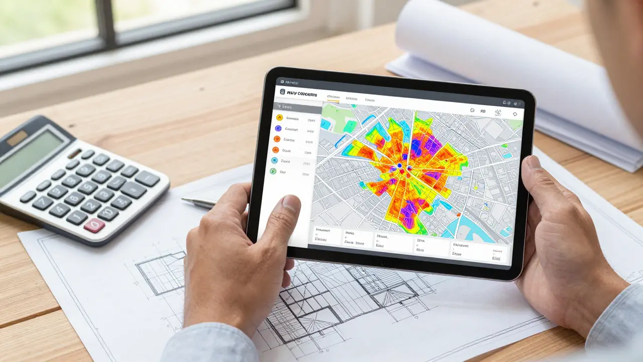 Energieberater prüft kommunale Wärmeplanung auf einem Tablet und Bauplan.