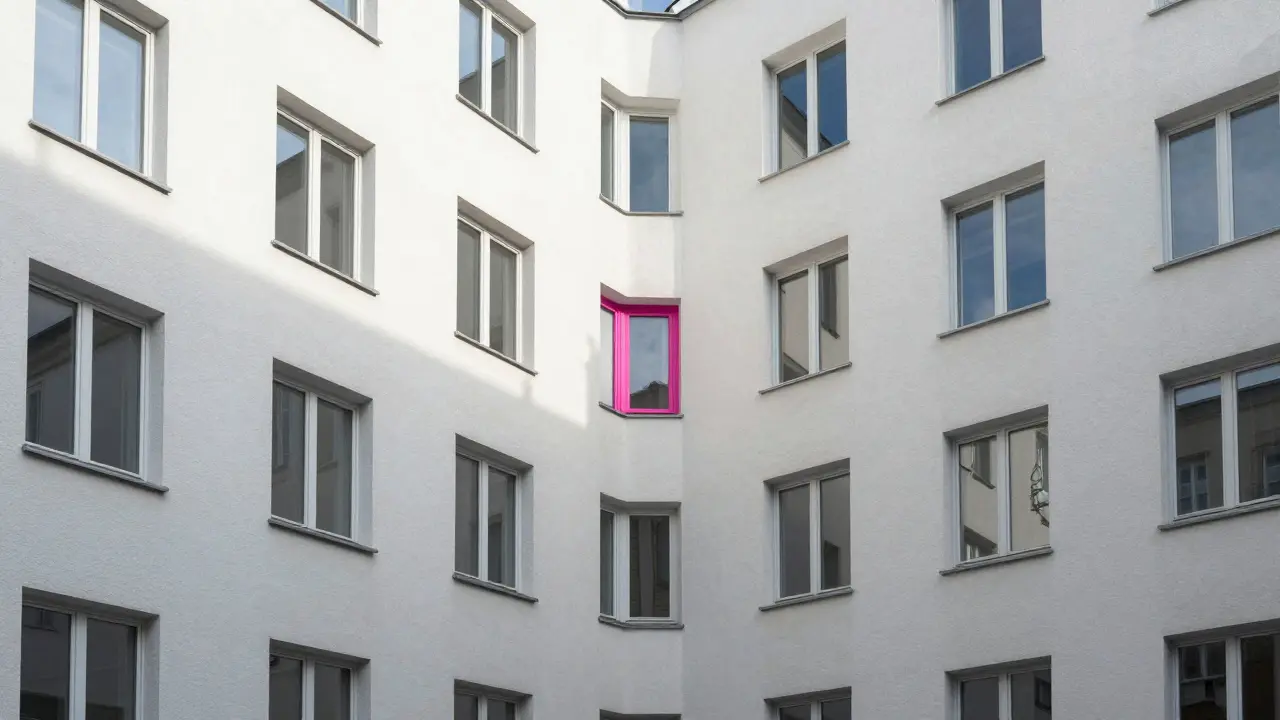 Gebäudefassade mit einem auffällig pinkfarbenen Fensterrahmen zwischen weißen Rahmen.