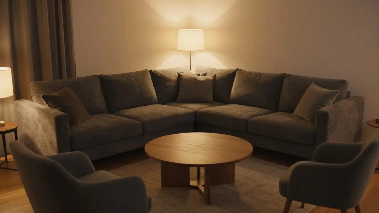 Gemütliche Ecklösung mit einem grauen L-förmigen Sofa und einem runden Couchtisch in einem warmen Raum.