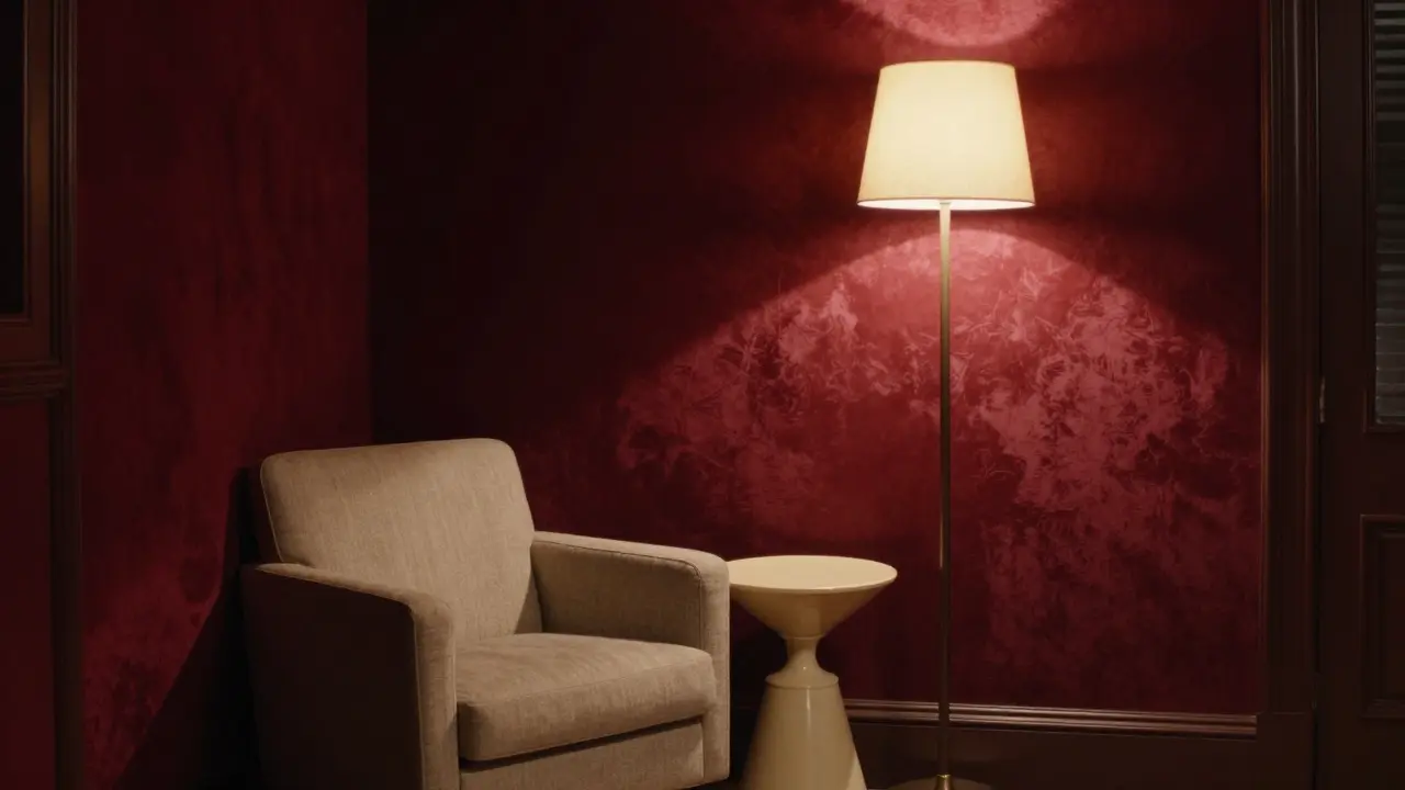 Gemütliche Sitzecke mit einer tiefroten Akzentwand und einem hellbeigen Sessel