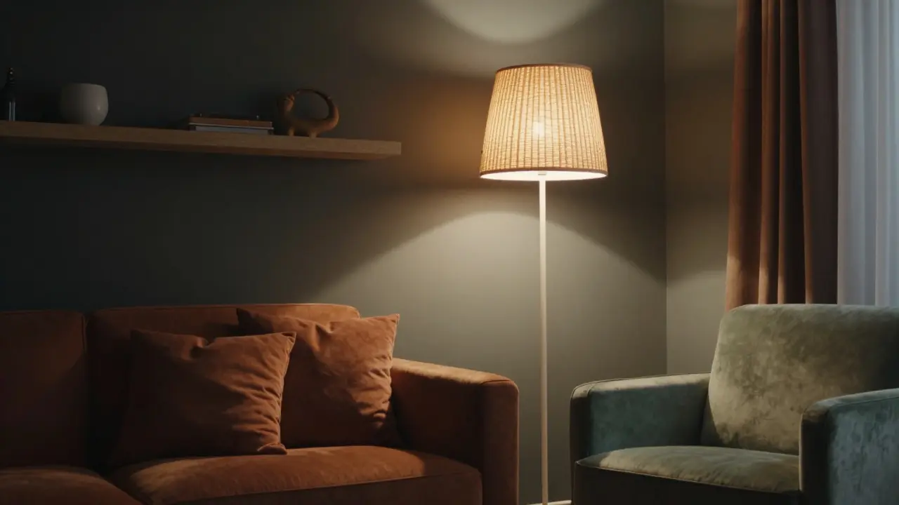 Gemütliche Wohnzimmerecke mit dunkler Akzentwand, Bambuslampe und Terrakotta-Kissen.