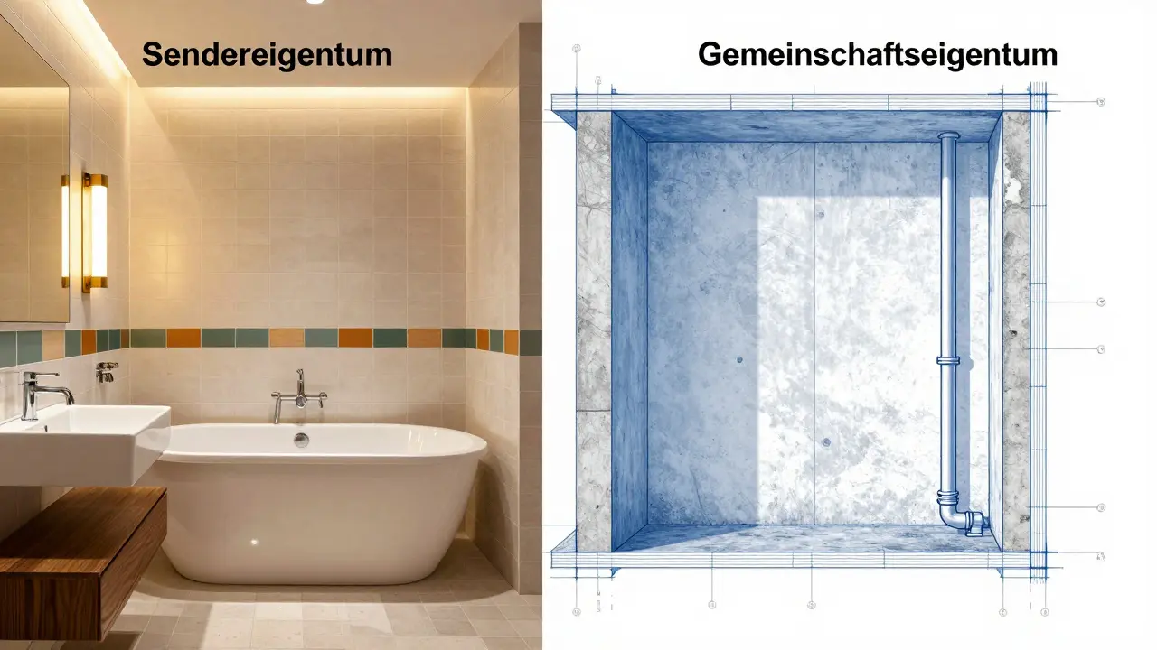 Geteilte Ansicht eines modernen Badezimmers und der technischen Gebäudestruktur.