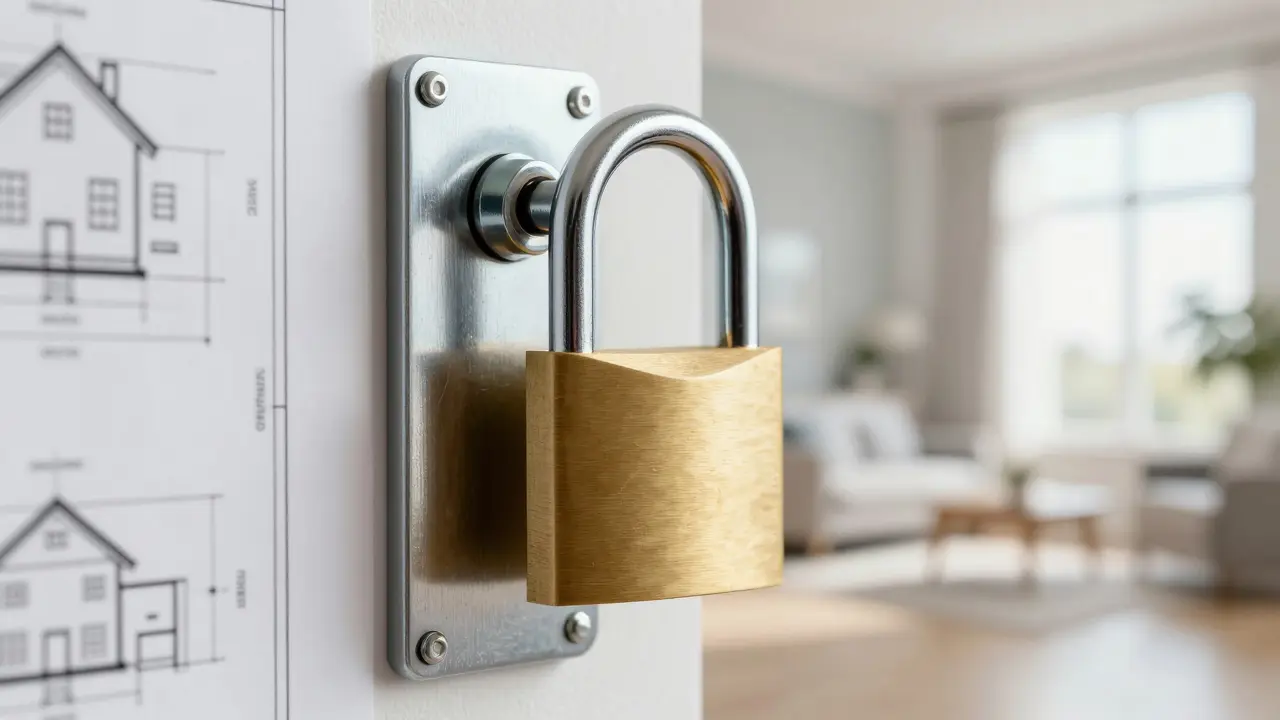 Goldenes Schloss auf einem Hausbauplan als Symbol für Zinssicherheit