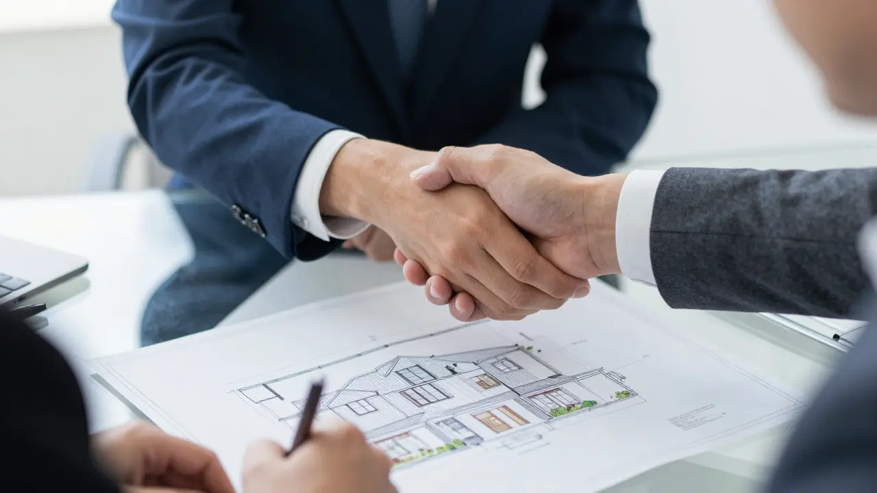 Händedruck zwischen Kunden und Bankberater über einem Hausplan.