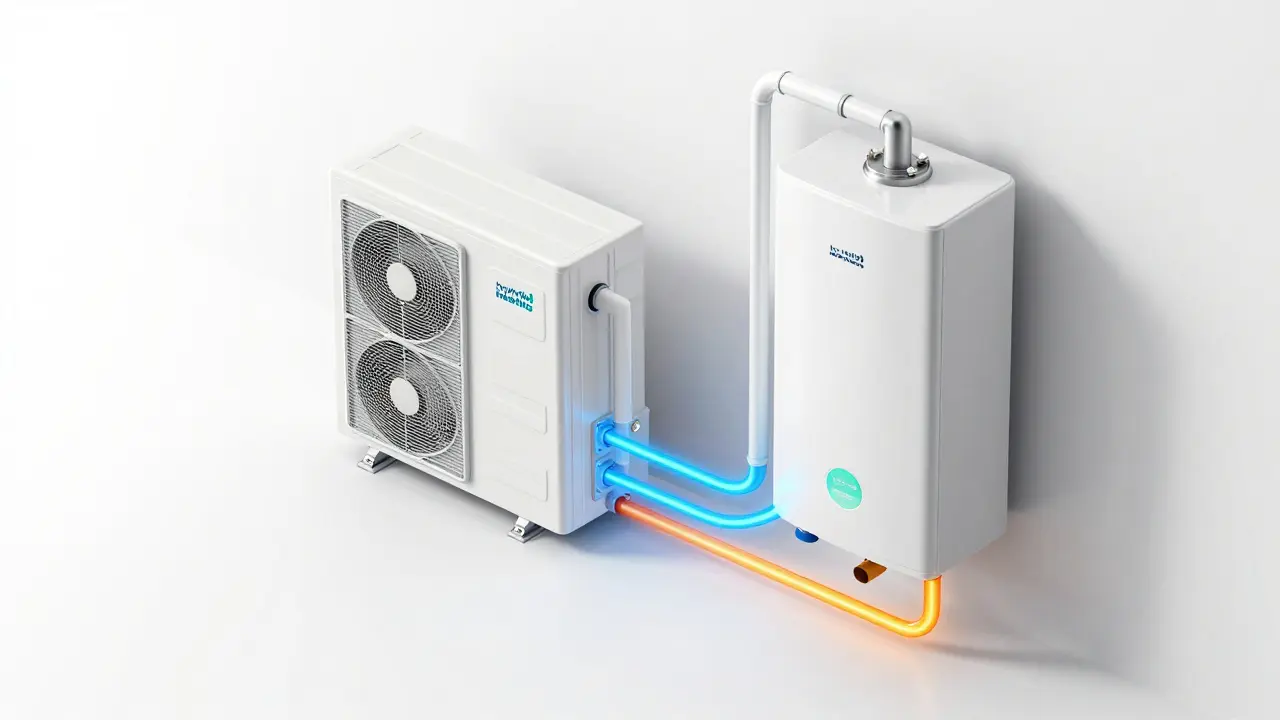 Isometrische Darstellung eines Hybrid-Heizsystems mit Wärmepumpe und Gasheizung.