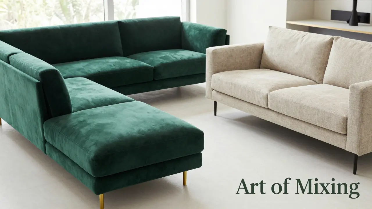 Kombination aus einem grünen Samtsofa und einem beige Linensofa in einem modernen Wohnzimmer.