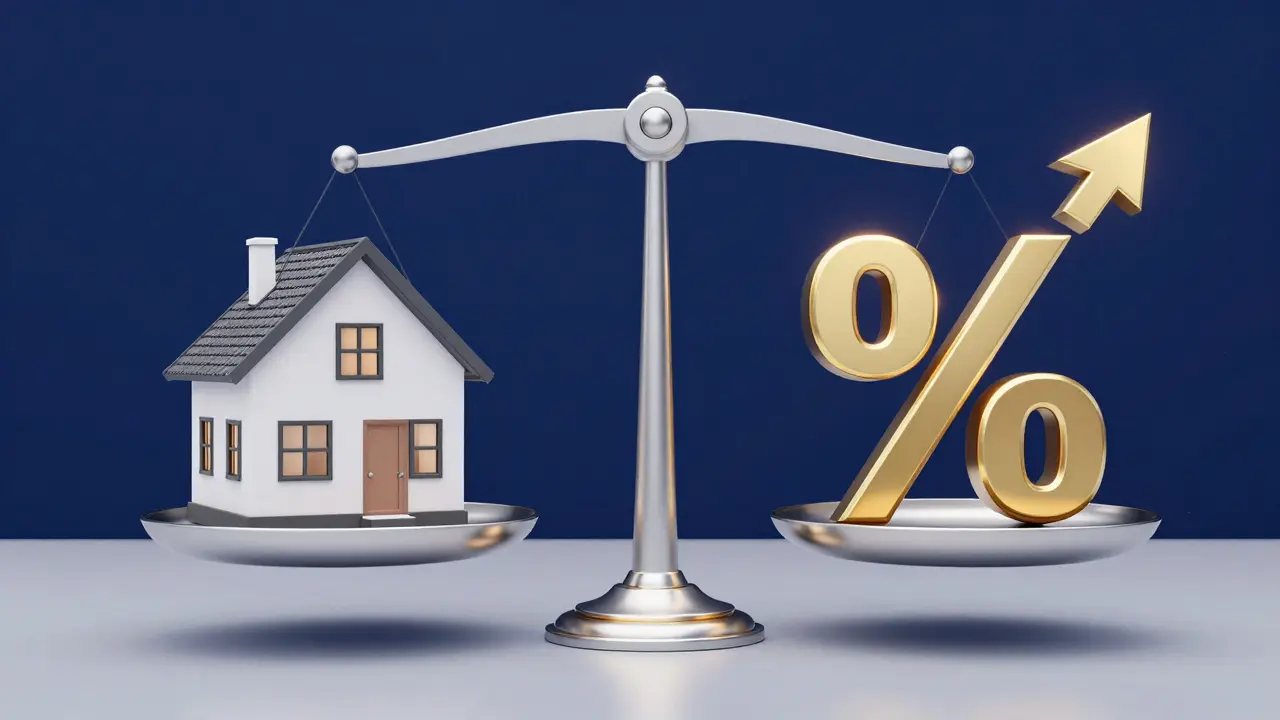 Konzeptionelle Waage mit Haus und steigenden Zinssymbolen