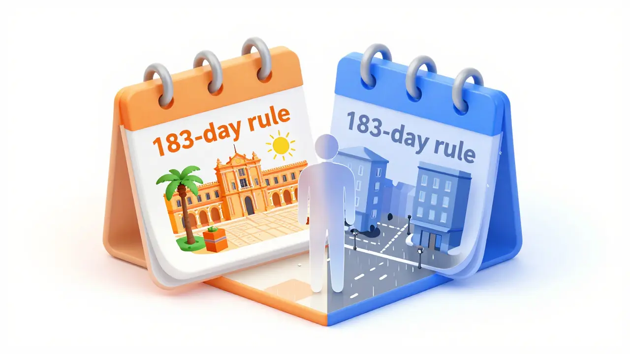 Konzeptuelle Darstellung der 183-Tage-Regel zwischen Spanien und Nordeuropa.