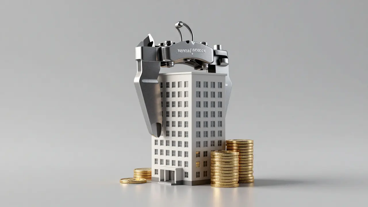 Konzeptuelle Darstellung einer Mietpreisbremse, die ein Gebäude in Form von Münzen einschränkt.