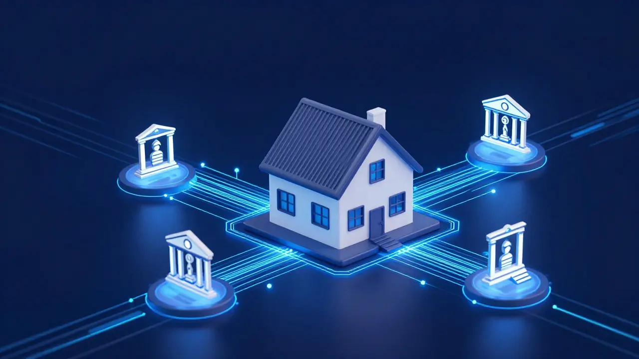 Konzeptuelle Darstellung eines digitalen Immobilienkaufs mit vernetzten Behörden und Datenströmen.