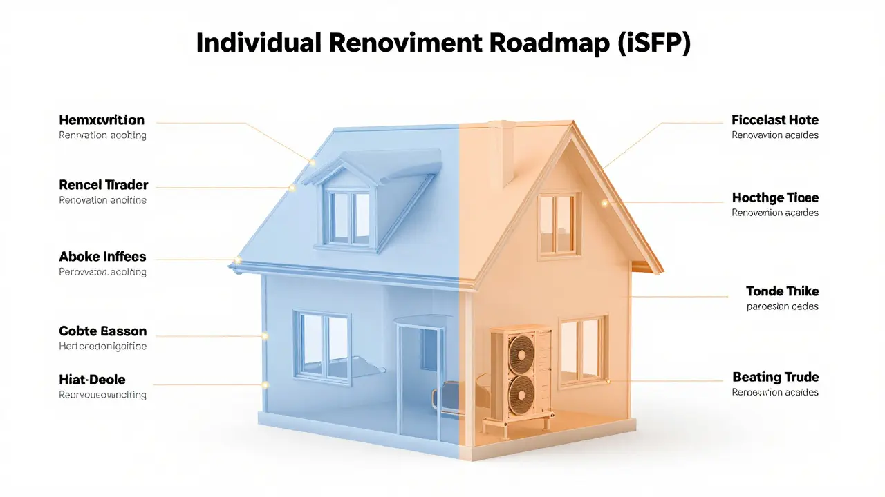 Konzeptuelle Darstellung eines Sanierungsfahrplans mit farblich markierten Maßnahmenpaketen.