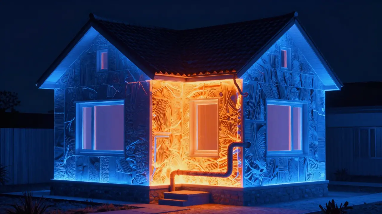 Konzeptuelle Röntgenansicht eines Hauses zur Analyse der energetischen Substanz.