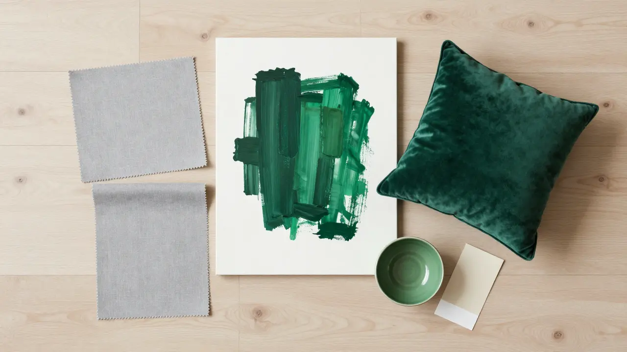 Kreative Anordnung von smaragdgrünen Textilien und Kunstwerken auf hellem Holz