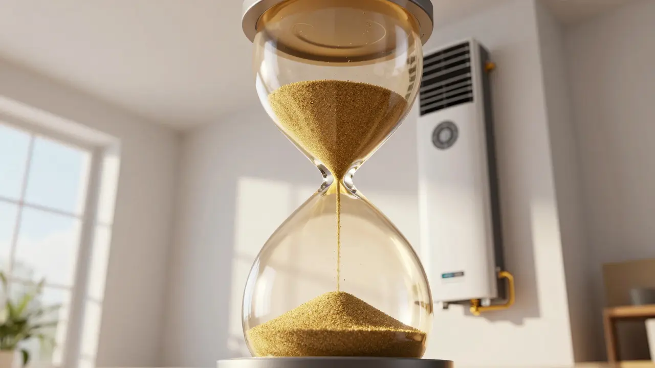 Moderne Heizungsanlage in einem goldenen Sandglas als Symbol für Zeitvorteile.