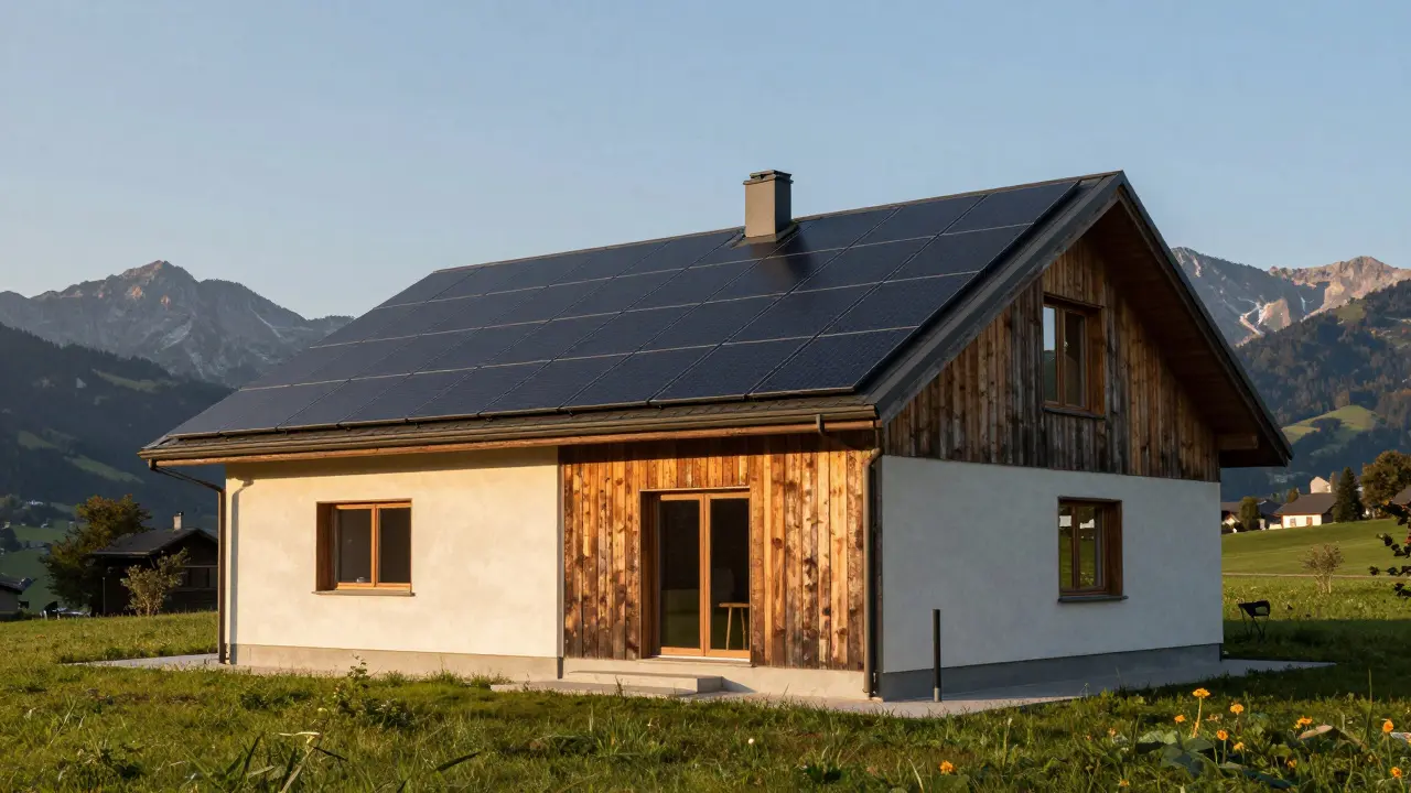 Modernes, energieeffizientes Haus mit Photovoltaik-Anlage und ökologischer Fassade.
